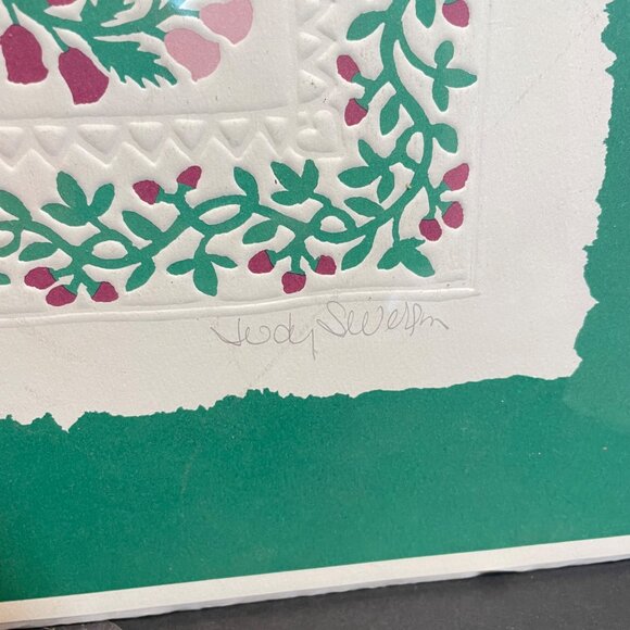 Signed Judy Swerlick Floral Quilt Design Embossed Artwork In Green Mat 18"x18" - Picture 5 of 10